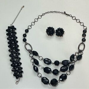 Vintage Black Beaded Statement Necklace, Earring & Bracelet set